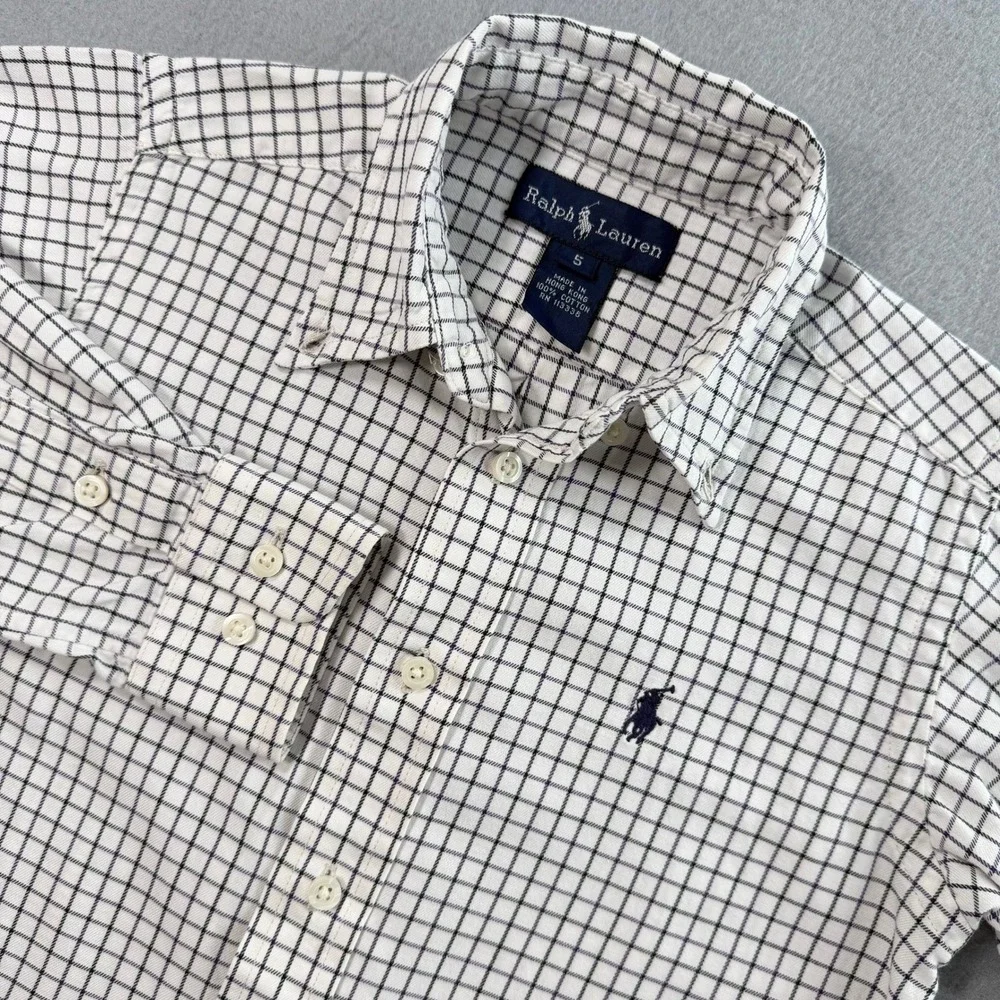 Ralph Lauren Button Down Shirt Boys 5 White Navy Check Long Sleeve
